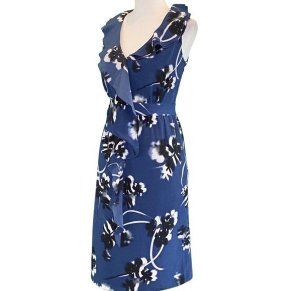 Tahari Dresses & Skirts - Tahari Sleeveless V-Neck Draped Ruffle Trim Blue Floral Chiffon Dress Size 8